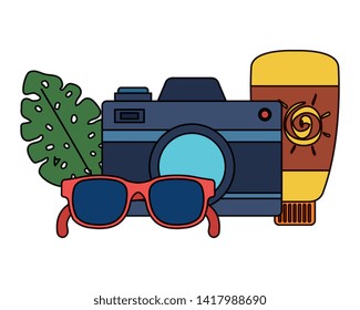 solar blocker bottle with camera and sunglasses