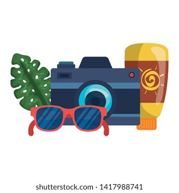 solar blocker bottle with camera and sunglasses