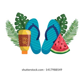 solar blocker bottle with flip flops and watermelon