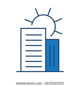 Solar Building Blue Icon. Solar Energy, Green Energy, Sun Energy, Energy Saving, Solar House, Ecology, Electricity, Renewable Energies Editable Stroke Vector Illustration