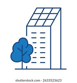 Solar Building Blue Icon. Solar Energy, Solar Panel, Green Energy, Energy Saving, Solar House, Ecology, Electricity, Renewable Energies Editable Stroke Vector Illustration