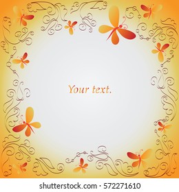 Solar butterfly and ornament. Frame. Composition for the design of handbooks, leaflets, magazines, book illustrations, presentations.