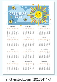 Solar Calendar 2022. Calendar Template With Cartoon Sun, Ladybird. Vector Cartoon Character. 