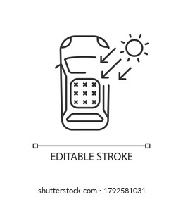 Solar Car Linear Icon. Automobile On Renewable Sun Energy Thin Line Customizable Illustration. Contour Symbol. Electric Vehicle With Photovoltaic Roof Vector Isolated Outline Drawing. Editable Stroke