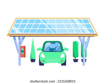 Solar Car Port, Sheltered Place With Integrated Charging Point For Electric Vehicles, Solar Panels. Green Renewable Energy Concept. Isolated Vector Illustration In Flat Style, Front And Side View