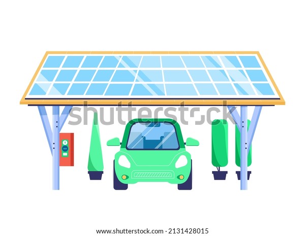 Solar car port, sheltered place with integrated\
charging point for electric vehicles, solar panels. Green renewable\
energy concept. Isolated vector illustration in flat style, front\
and side view