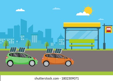 Concepto de vector de vehículo solar: tráfico de coches con panel solar en la carretera