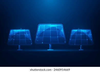 Solar cell clean energy low poly wireframe on blue background. sustainable and renewable energy. vector illustration fantastic design.