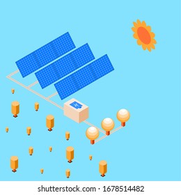 La célula solar es la generación de energía eléctrica desde el sol enviar a la bombilla para proteger el medio ambiente tienen color azul y árbol como fondo, ilustración vectorial isométrica y espacio de copia.