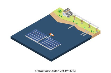 solar cell energy, solar cell floating power plant in isometric graphic