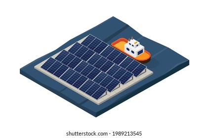 solar cell energy, solar cell floating power plant in isometric graphic