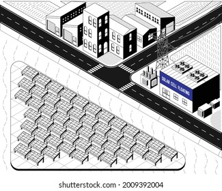 solar cell energy, solar cell floating power plant in isometric graphic