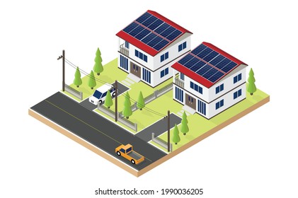 Solar Cell Energy, House Use Solar Cell Roof Top In Isometric Graphic