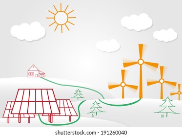 solar cell energy panels and wind turbine leading energy towards the house. ecology concept