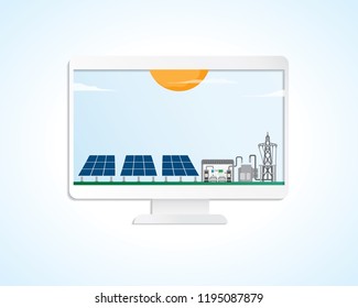 solar cell energy, solar cell power plant in screen monitor graphic