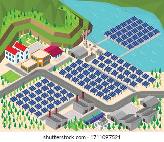 solar cell energy, solar cell power plant in isometric graphic