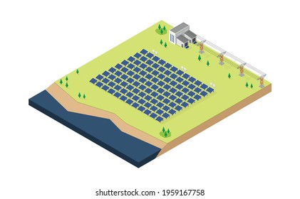 solar cell energy, solar cell power plant in isometric graphic