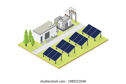solar cell energy, solar cell power plant in isometric graphic
