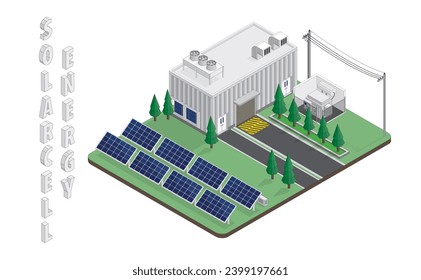 Solarzellenenergie, Solarzellenkraftwerk, isometrische Grafik auf der Sonnenterrasse