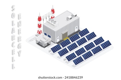 energía de células solares, central de energía solar, solar de explotación isométrica gráfica