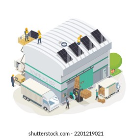 solar cell energy small werehouse isometric