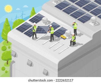 solar cell factory roof top installer team service full top view  for customer ecology and eco business isometric isolate vector