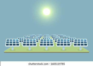 Solar cell farm landscape one point perspective isometric.