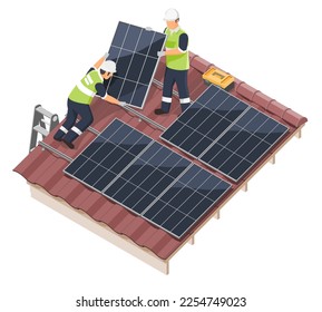 Instalación de celdas solares Equipo de trabajo de vectores Técnico en el tejado de una casa instalando paneles solares Energía solar para ahorrar dinero ilustración aislada isométrica