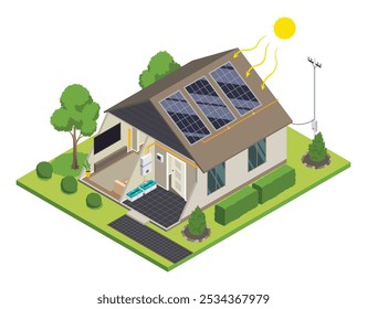 Célula solar isométrica em casa. Modelo de equipamento para energias renováveis, componente do sistema de inversor de rede. Ecologia conceito de economia de energia para energia livre. Fornecimento de energia elétrica da casa