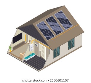 Célula solar isométrica em casa. Modelo de equipamento para energias renováveis, componente do sistema de inversor de rede. Ecologia conceito de economia de energia para energia livre. Fornecimento de energia elétrica da casa