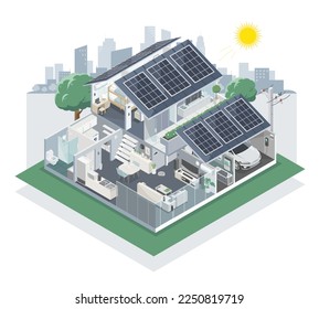 Solarzellengebäude mit Installations-Komponenten für umweltfreundliches Stadtkonzept für intelligente Solarpaneele und monochrome isometrische, isolierte Illustration mit Batteriediagrammen