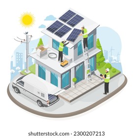 Solar cell House Roof top installer team service installation solar panel on roof of Modern House in green nature ecology lifestyle out door isolated illustration cartoon vector