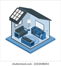 solar cell hybrid component system for smart home solar panel inverter and battery in house. solar cell smart home system. Home electricity scheme with energy storage system on modern house. 2094
