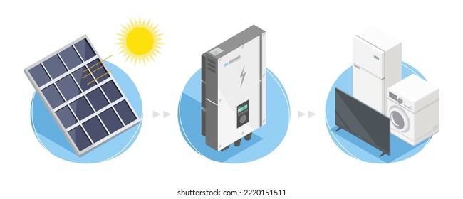 símbolo de icono de celda solar sistema inversor componente isométrico vector aislado azul blanco