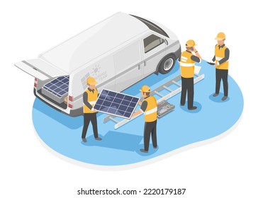 servicio de equipo de instalación de celdas solares para ecología de la casa de los clientes y vector isométrico del econegocio