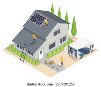 Solar cell installing. Team service working on installation solar cell on roof top. Smart home system. Ecology energy saving concept for free energy