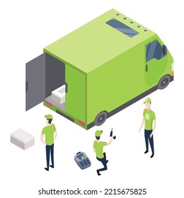 Solar cell installing. Team service working on installation solar cell near his truck. Smart home system for new customer isometric. Ecology energy saving concept for free energy