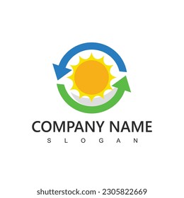 Logotipo de celda solar, símbolo de energía renovable con icono de flecha de círculo