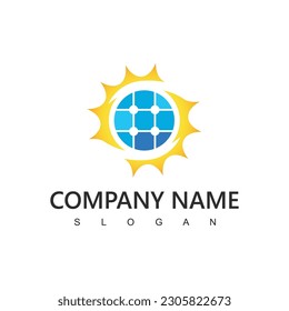 Logotipo de celda solar, símbolo de energía renovable usando sol con icono del panel solar