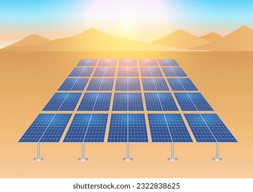 Solar Cell. Solar Panel in Desert. Alternative Renewable Energy Sources. Clean and Green Energy.