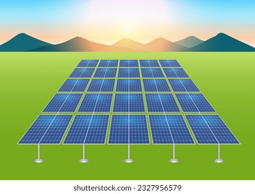 Solar Cell. Solar Panel in Field. Renewable Energy Sources. Clean and Green Energy. Vector Illustration. 