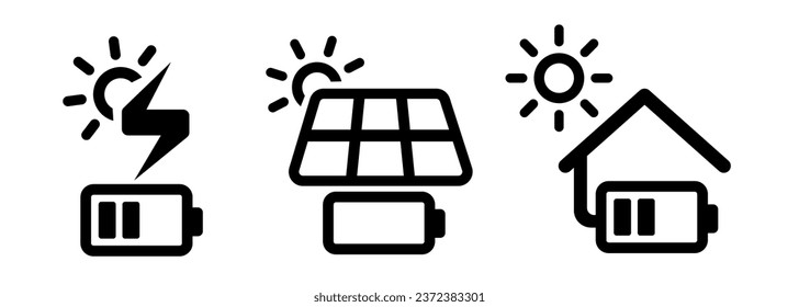 Solar cell panel in house charging battery electricity from sun icon set