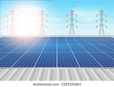 Solarzelle. Sonnenkollektor auf Dach mit elektrischem Turm. Erneuerbare Energiequellen. Saubere und grüne Energie.