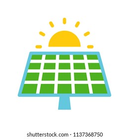 Solar cell panel and sun, green energy icon flat design