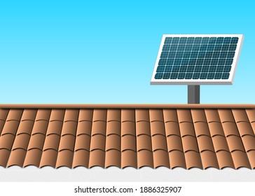 módulo de célula solar o fotovoltaica (módulo PV, módulo solar) en el techo con cielo azul.