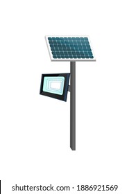 módulo de celda solar o fotovoltaico (módulo PV, módulo solar) con foco cuadrado o lámpara para luz automática por la noche. Conservación ambiental o conceptos de ahorro de energía.