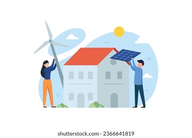 Solar cell power plant house roof top and windmill installation vector illustration concept