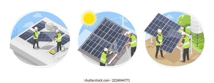 solar cell roof top installation team service symbols concept for factory warehouse house and farm installer ecology green power isometric isolate vector