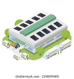 solar cell system for energy eco warehouse and factory isometric top view green business clean energy