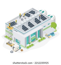 solar cell system for energy saving eco warehouse and factory industrial isometric top view green business clean energy installer team service	
